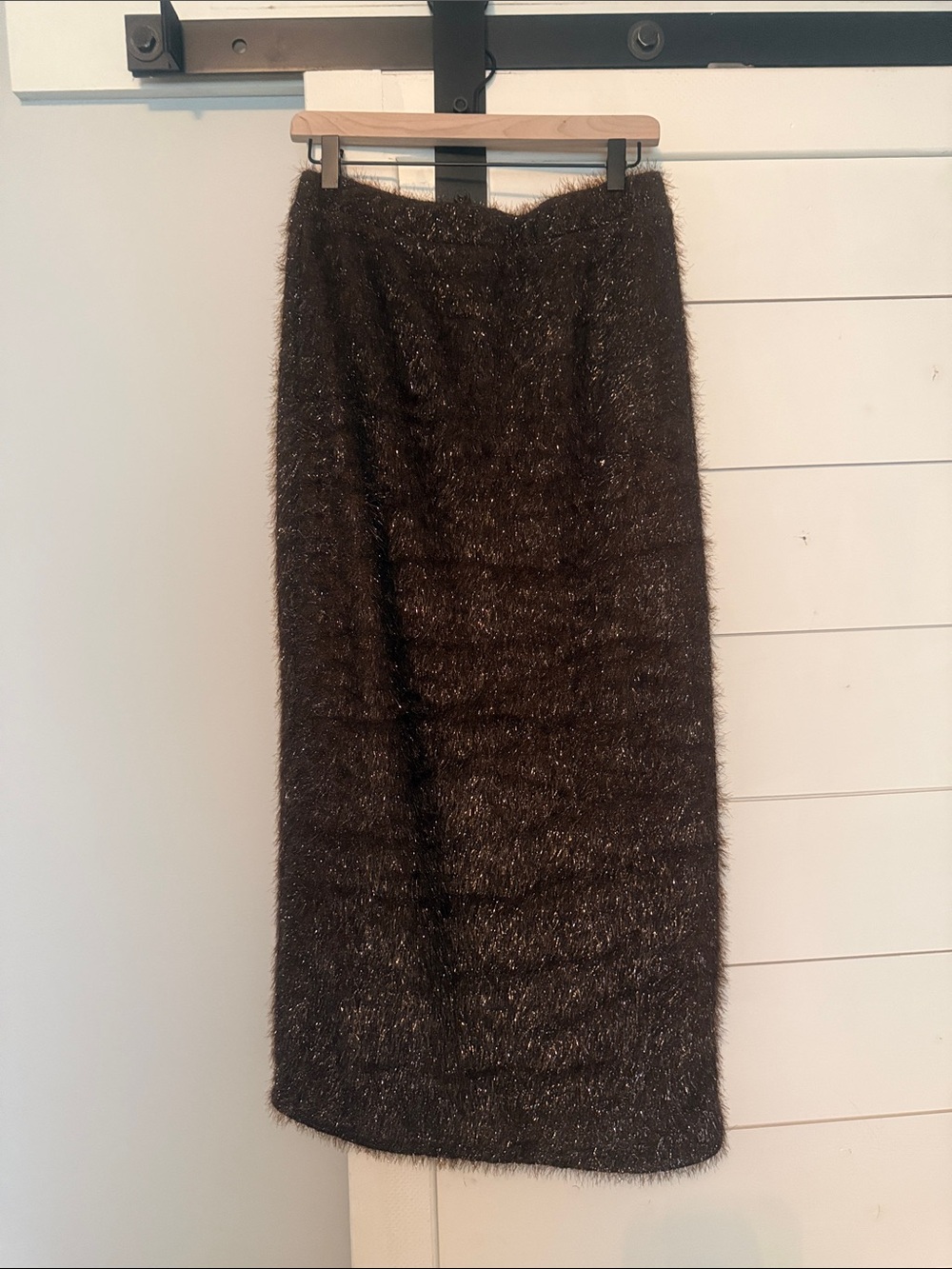 Topshop Metallic-Thread Fuzzy Midi Skirt in Dark Brown